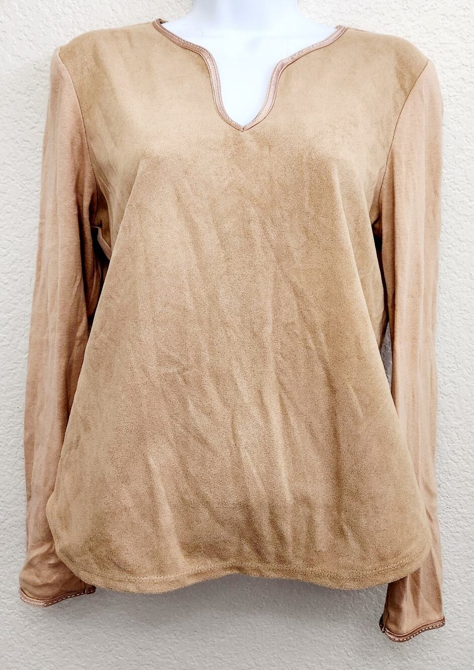 Emma James Tan Beige "Suede" Front Panel V Neck Long Sleeve Top Large Petite